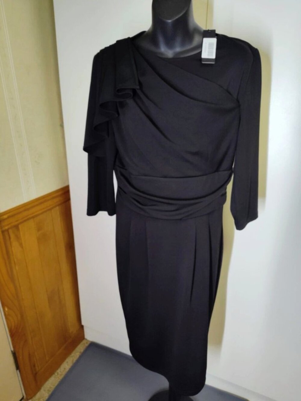 Vfemage Black Formal Cocktail Dress 3/4 Sleeves Draped Peplum Size 14